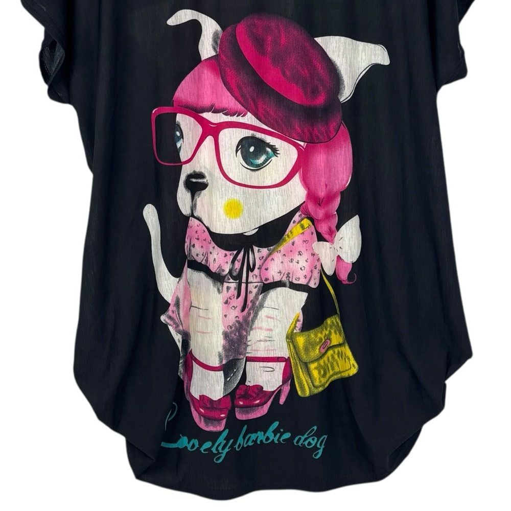 Beautifulcom Black Two Sided Gem Detail Lovely Barbie Dog Graphic Blouse XL - Picture 2 of 8